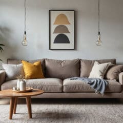A cozy living room with a brown sofa adorned with assorted pillows and a gray throw. A round wooden coffee table with teacups sits on a beige rug. Two hanging lights flank abstract wall art. A potted plant and cabinet enhance the decor.