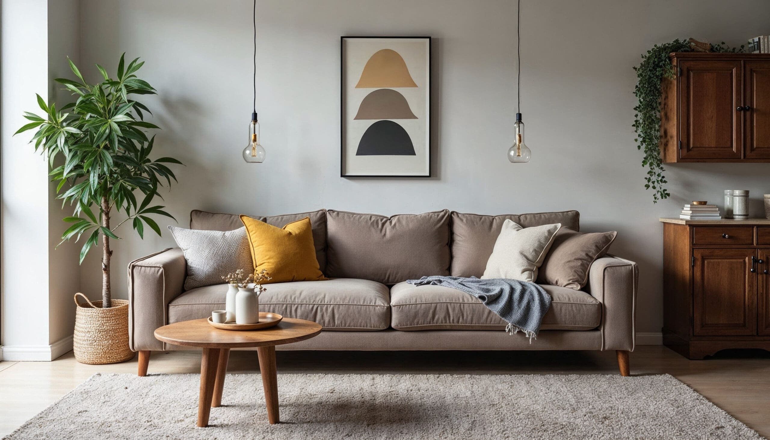 A cozy living room with a brown sofa adorned with assorted pillows and a gray throw. A round wooden coffee table with teacups sits on a beige rug. Two hanging lights flank abstract wall art. A potted plant and cabinet enhance the decor.