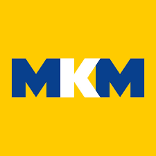 The image shows the letters "MKM" in bold blue font, with the "K" in white, centered on a bright yellow background.
