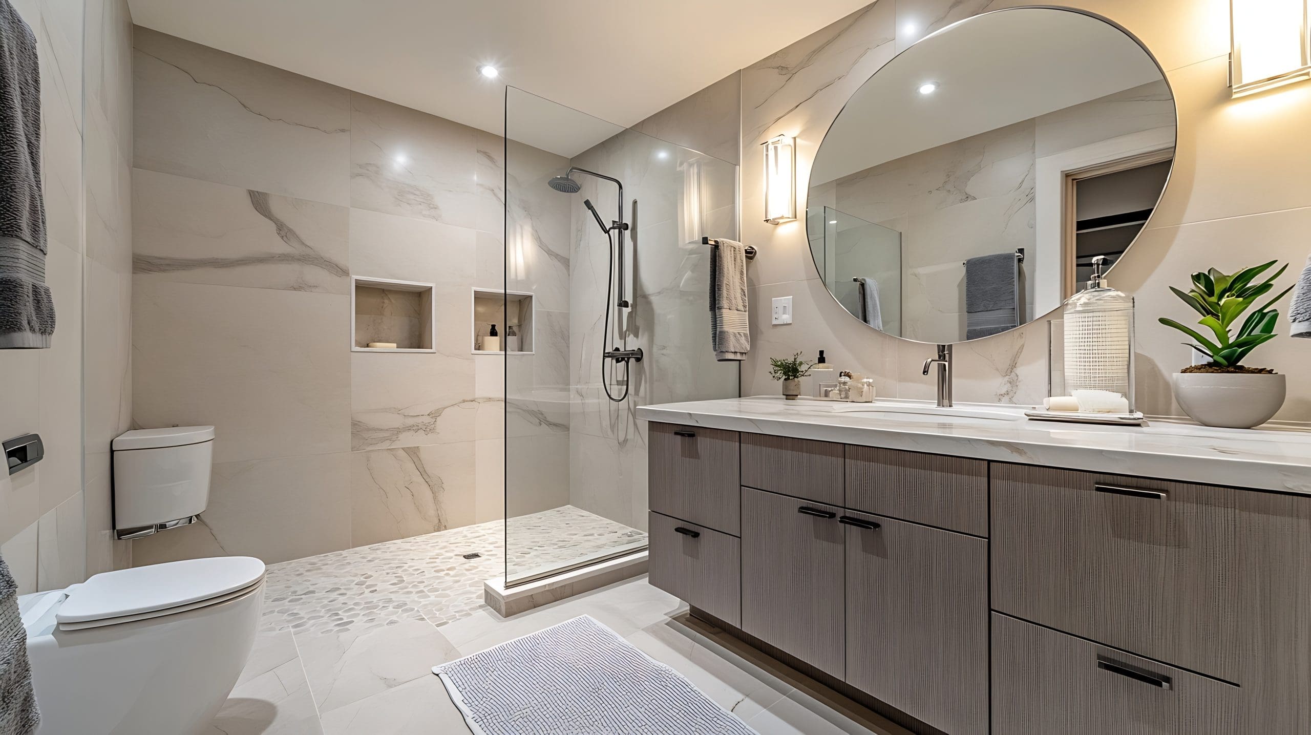 Modern bathroom with large round mirror above a sleek vanity with double sinks. A walk-in shower features a glass partition and tiled walls. A plant and a towel are on the countertop. The room has light-colored tiles and subtle lighting.