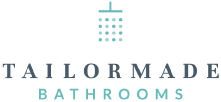 Logo for Tailormade Bathrooms featuring a minimalist teal showerhead icon above the brand name. "TAILORMADE" is in bold, dark blue uppercase letters, and "BATHROOMS" is in smaller teal letters below.