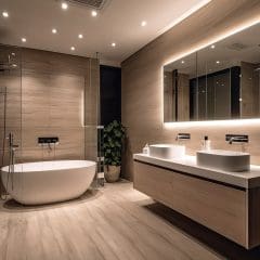 Luxury bathroom with a modern design featuring a freestanding tub, double sinks on a floating vanity, and a large, backlit mirror. The space is lit by recessed ceiling lights, and a potted plant adds a touch of greenery.