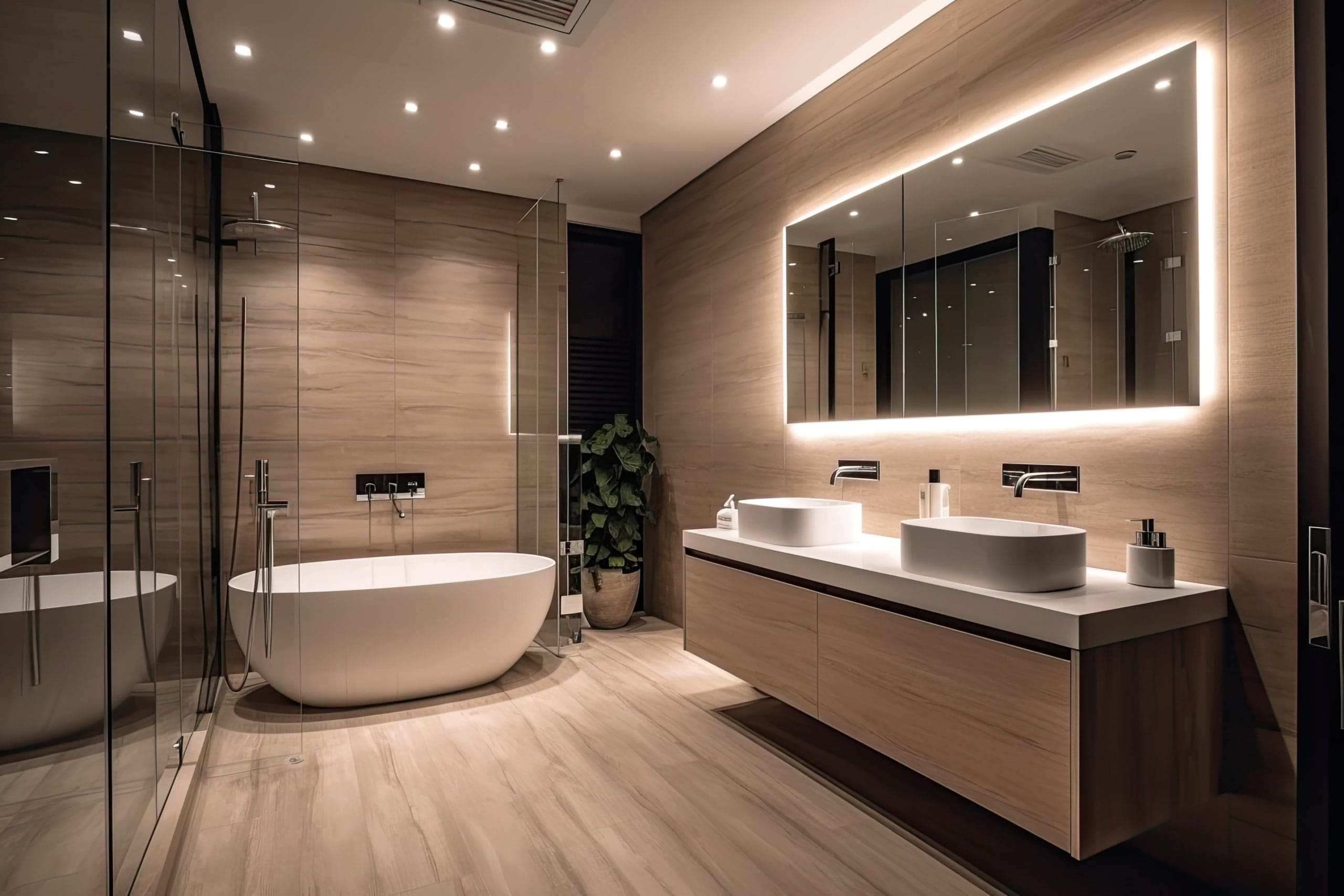 Luxury bathroom with a modern design featuring a freestanding tub, double sinks on a floating vanity, and a large, backlit mirror. The space is lit by recessed ceiling lights, and a potted plant adds a touch of greenery.